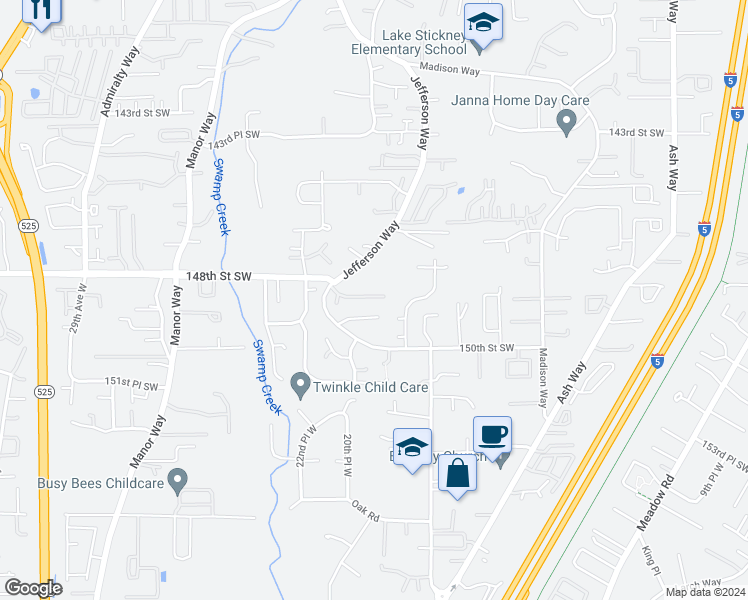 map of restaurants, bars, coffee shops, grocery stores, and more near 14817 Jefferson Way in Lynnwood