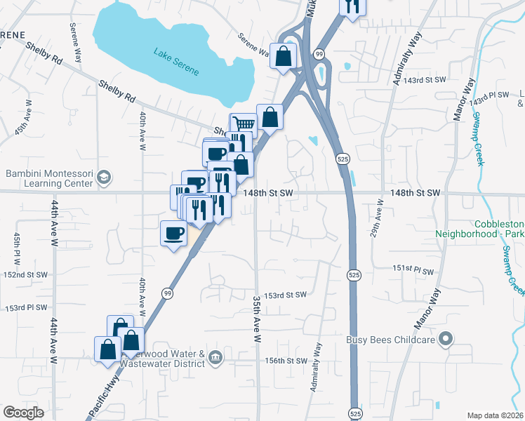 map of restaurants, bars, coffee shops, grocery stores, and more near 14825 35th Avenue West in Lynnwood