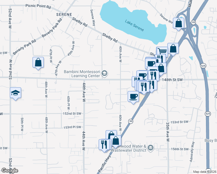 map of restaurants, bars, coffee shops, grocery stores, and more near 4118 148th Street Southwest in Lynnwood