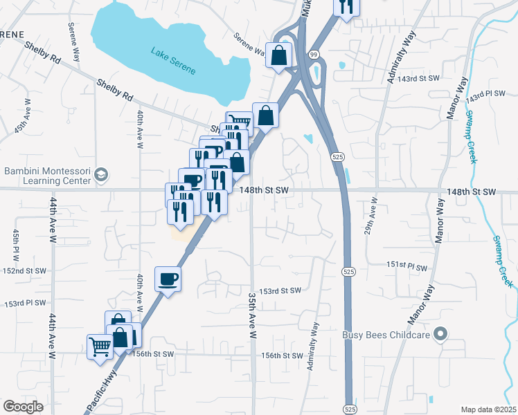 map of restaurants, bars, coffee shops, grocery stores, and more near 14825 35th Avenue West in Lynnwood