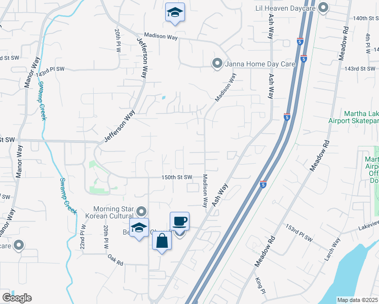 map of restaurants, bars, coffee shops, grocery stores, and more near 1611 148th Place Southwest in Lynnwood