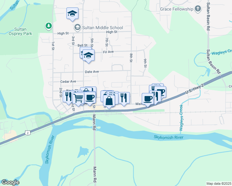 map of restaurants, bars, coffee shops, grocery stores, and more near 619 Alder Street in Sultan