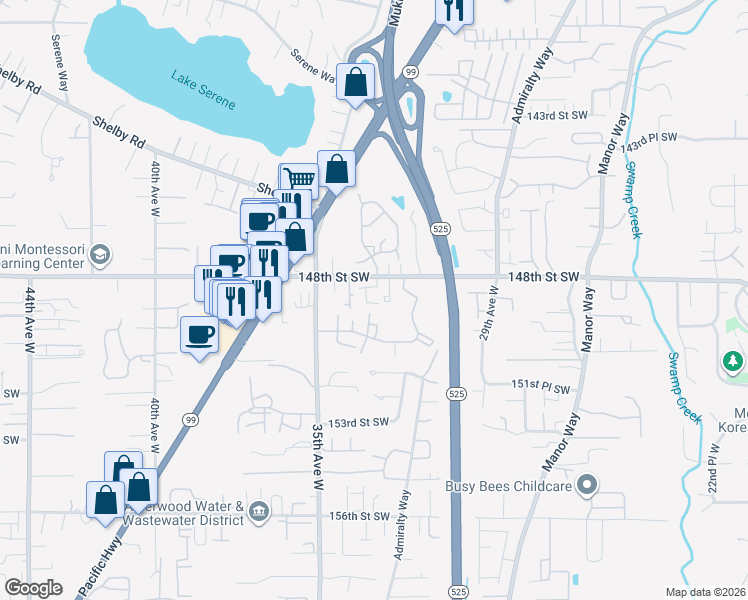 map of restaurants, bars, coffee shops, grocery stores, and more near 3312 148th Street Southwest in Lynnwood