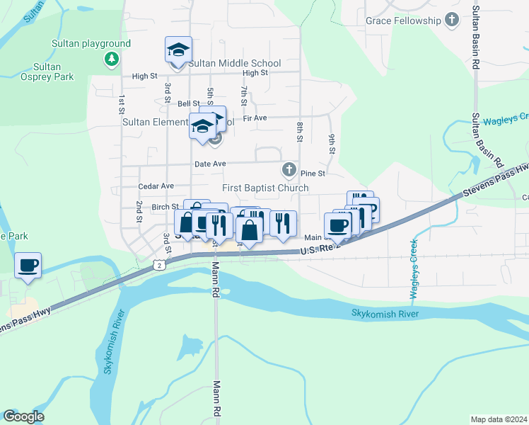 map of restaurants, bars, coffee shops, grocery stores, and more near 619 Alder Street in Sultan