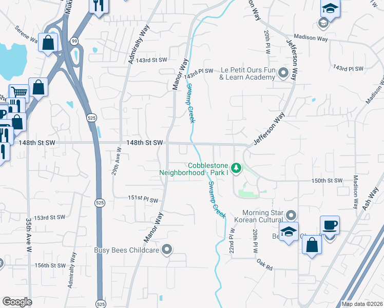 map of restaurants, bars, coffee shops, grocery stores, and more near 2414 148th Street Southwest in Lynnwood