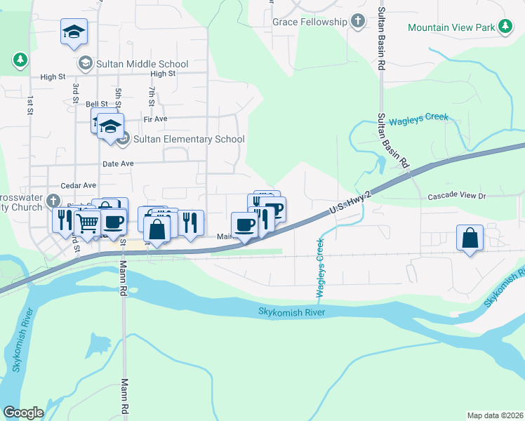 map of restaurants, bars, coffee shops, grocery stores, and more near 921 Main Street in Sultan