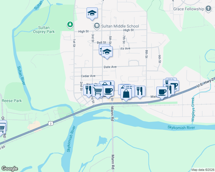 map of restaurants, bars, coffee shops, grocery stores, and more near 408 Birch Street in Sultan