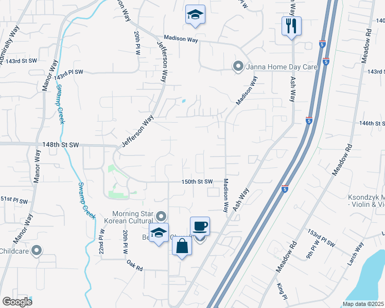 map of restaurants, bars, coffee shops, grocery stores, and more near 14802 16th Place West in Lynnwood