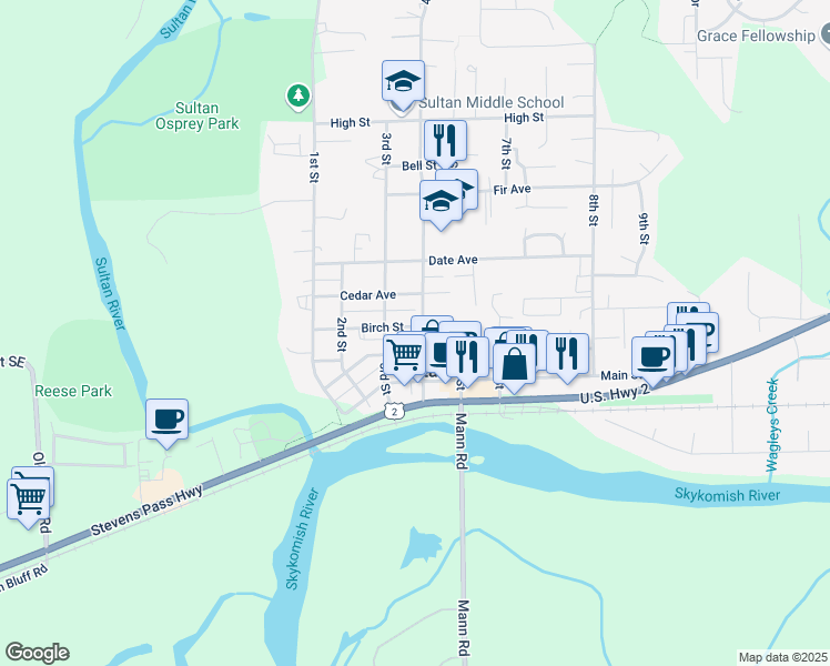 map of restaurants, bars, coffee shops, grocery stores, and more near 402 Birch Street in Sultan