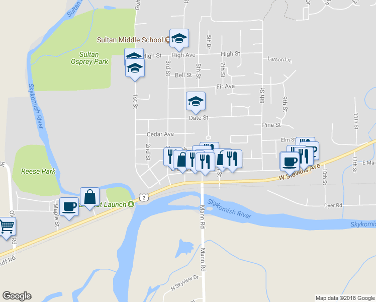 map of restaurants, bars, coffee shops, grocery stores, and more near 402 Birch Street in Sultan