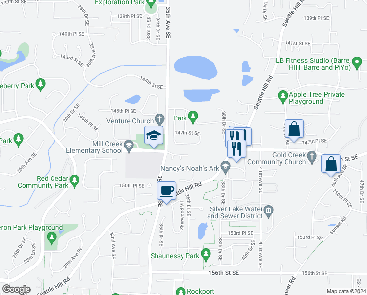 map of restaurants, bars, coffee shops, grocery stores, and more near 3530 147th Place Southeast in Mill Creek