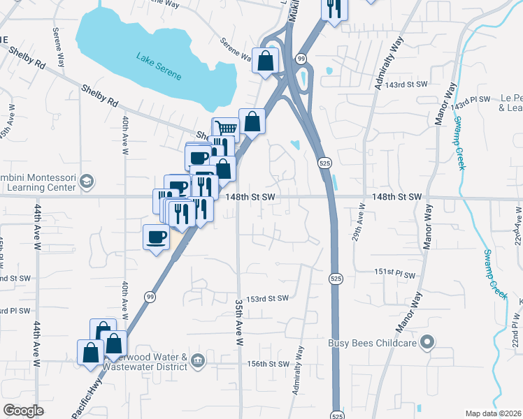 map of restaurants, bars, coffee shops, grocery stores, and more near 3322 148th Street Southwest in Lynnwood