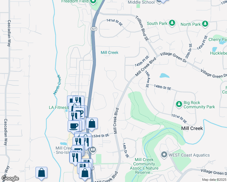 map of restaurants, bars, coffee shops, grocery stores, and more near 1231 148th Place Southeast in Mill Creek