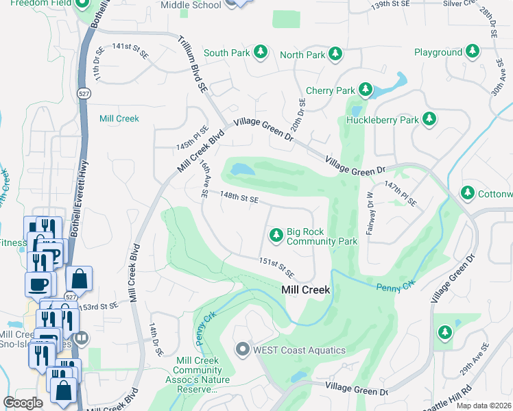 map of restaurants, bars, coffee shops, grocery stores, and more near 1826 148th Street Southeast in Mill Creek