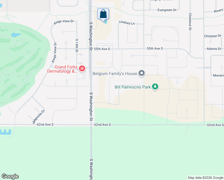 map of restaurants, bars, coffee shops, grocery stores, and more near 5750 South Washington Street in Grand Forks