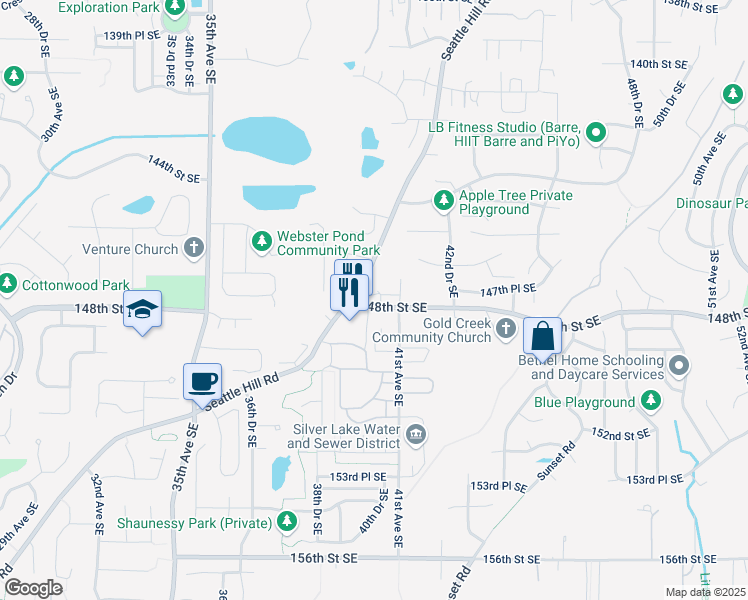 map of restaurants, bars, coffee shops, grocery stores, and more near 4012 148th Street Southeast in Mill Creek