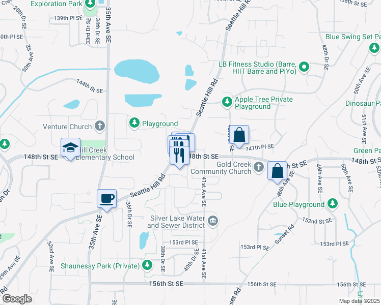 map of restaurants, bars, coffee shops, grocery stores, and more near 4012 148th Street Southeast in Mill Creek