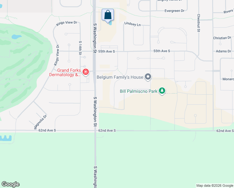 map of restaurants, bars, coffee shops, grocery stores, and more near 5750 South Washington Street in Grand Forks