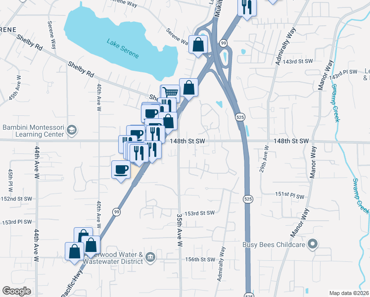 map of restaurants, bars, coffee shops, grocery stores, and more near 14819 35th Avenue West in Lynnwood