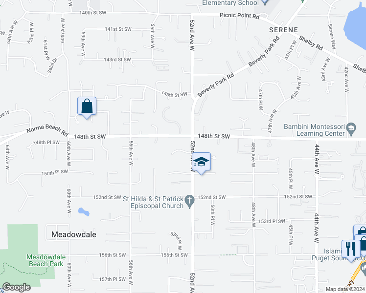 map of restaurants, bars, coffee shops, grocery stores, and more near 5219 149th Street Southwest in Edmonds