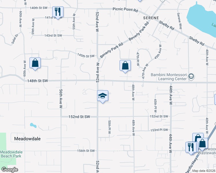 map of restaurants, bars, coffee shops, grocery stores, and more near 14829 52nd Avenue West in Edmonds