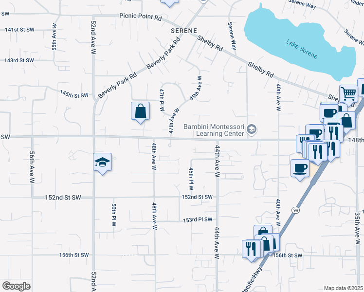 map of restaurants, bars, coffee shops, grocery stores, and more near 4610 148th Street Southwest in Lynnwood