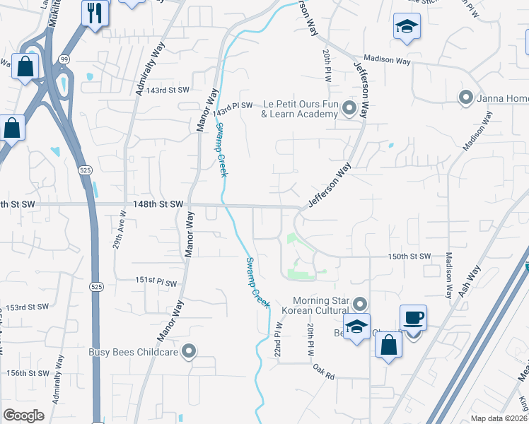 map of restaurants, bars, coffee shops, grocery stores, and more near 2232 148th Street Southwest in Lynnwood