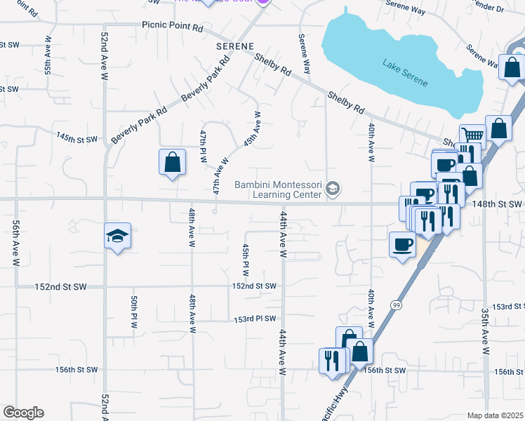 map of restaurants, bars, coffee shops, grocery stores, and more near 4417 149th Place Southwest in Lynnwood