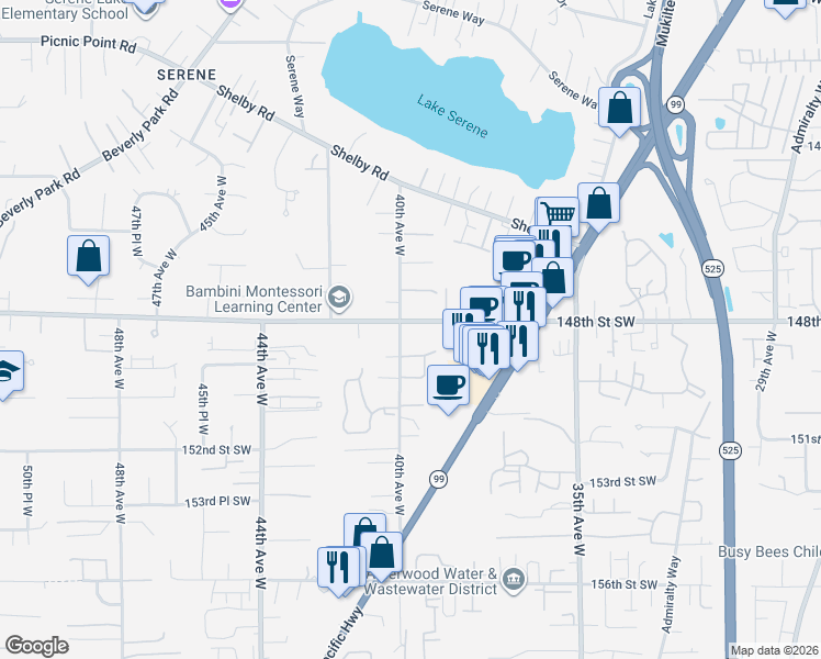 map of restaurants, bars, coffee shops, grocery stores, and more near 3916 148th Street Southwest in Lynnwood