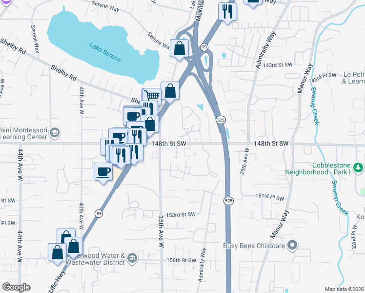 map of restaurants, bars, coffee shops, grocery stores, and more near 3230 148th Street Southwest in Lynnwood