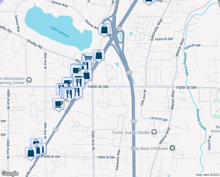 map of restaurants, bars, coffee shops, grocery stores, and more near 3312 148th Street Southwest in Lynnwood