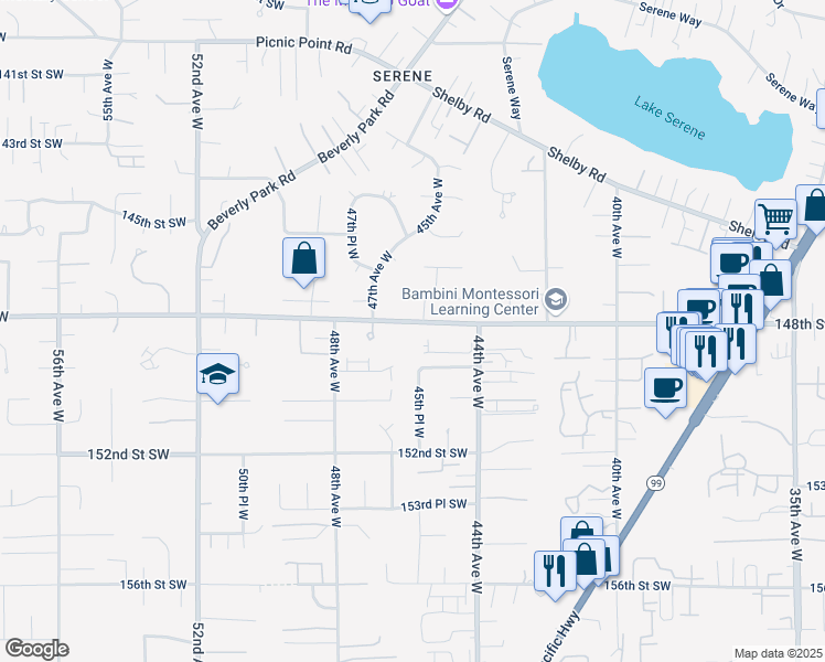 map of restaurants, bars, coffee shops, grocery stores, and more near 4519 149th Place Southwest in Lynnwood