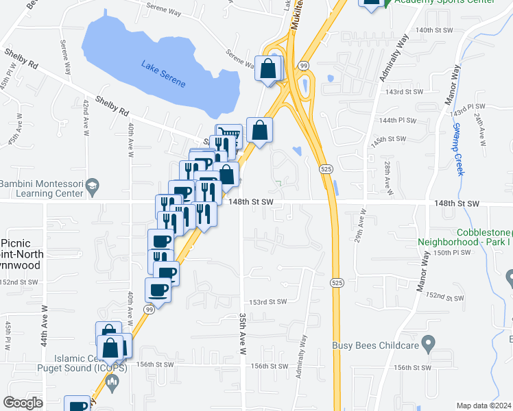 map of restaurants, bars, coffee shops, grocery stores, and more near 3404 148th Street Southwest in Lynnwood