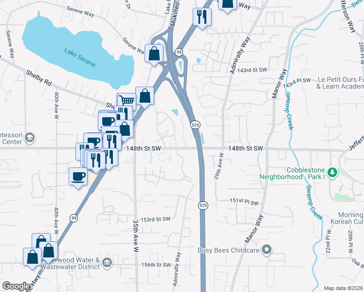 map of restaurants, bars, coffee shops, grocery stores, and more near 14702 32nd Place West in Lynnwood