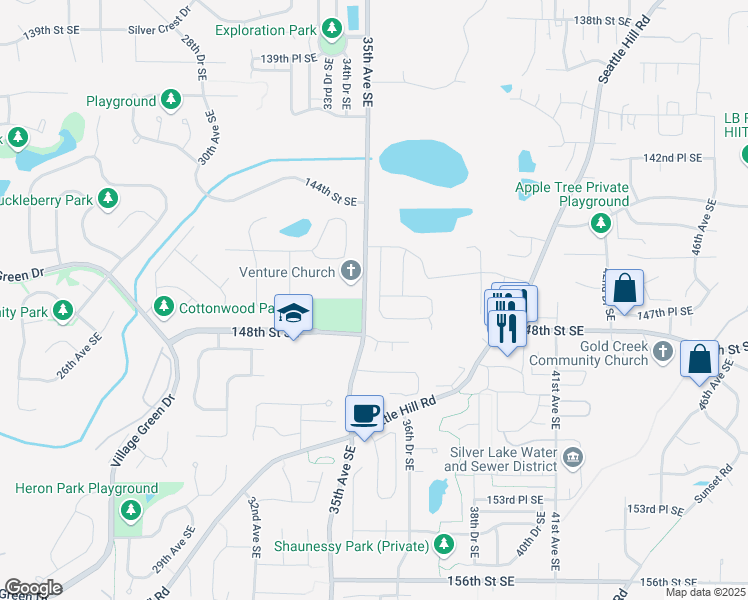 map of restaurants, bars, coffee shops, grocery stores, and more near 14706 35th Drive Southeast in Mill Creek