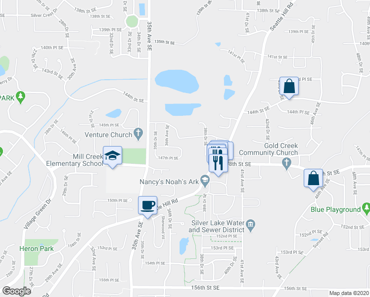 map of restaurants, bars, coffee shops, grocery stores, and more near 3711 146th Street Southeast in Mill Creek