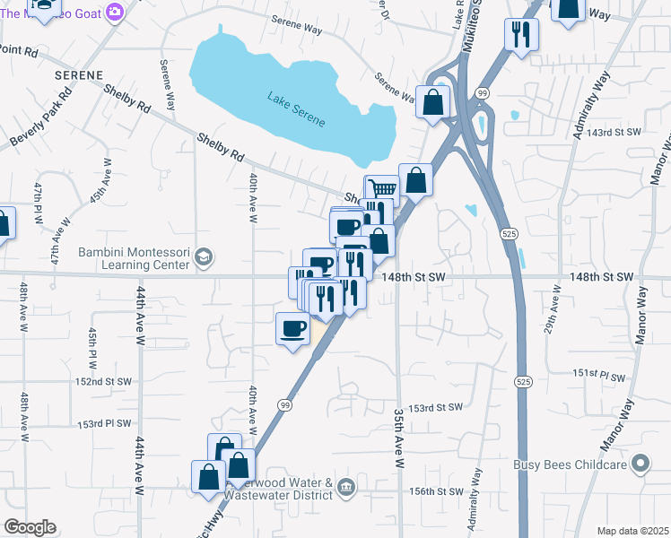 map of restaurants, bars, coffee shops, grocery stores, and more near 3625 148th Street Southwest in Lynnwood
