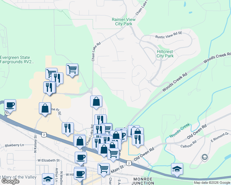 map of restaurants, bars, coffee shops, grocery stores, and more near 19776 Mountain Ridge Road Southeast in Monroe