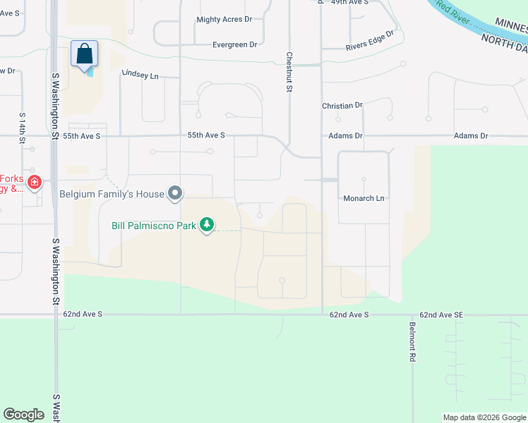map of restaurants, bars, coffee shops, grocery stores, and more near Autumn Woods Blvd in Grand Forks County