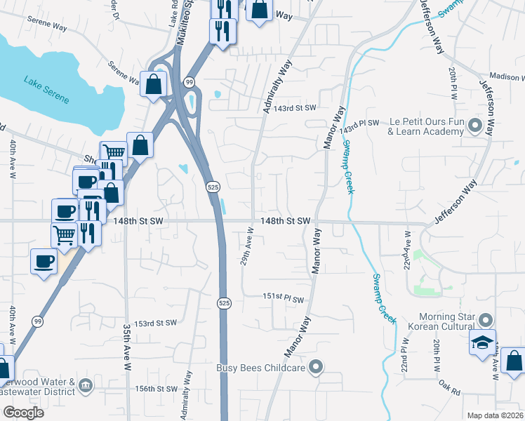 map of restaurants, bars, coffee shops, grocery stores, and more near 14715 Admiralty Way in Lynnwood
