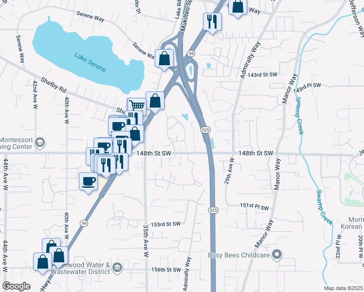 map of restaurants, bars, coffee shops, grocery stores, and more near 14702 32nd Place West in Lynnwood