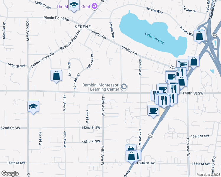 map of restaurants, bars, coffee shops, grocery stores, and more near 4306 147th Street Southwest in Lynnwood