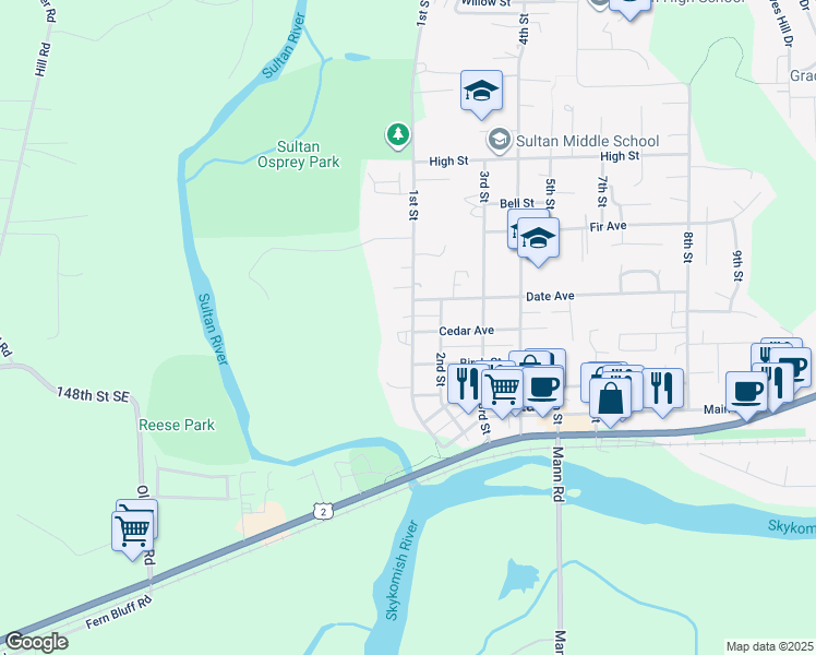 map of restaurants, bars, coffee shops, grocery stores, and more near 415 1st Street in Sultan