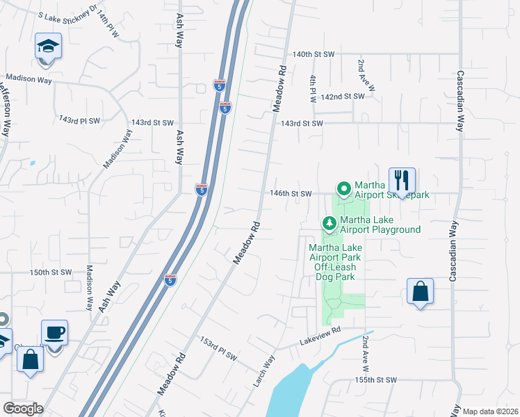 map of restaurants, bars, coffee shops, grocery stores, and more near 702 146th Street Southwest in Lynnwood