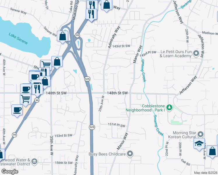 map of restaurants, bars, coffee shops, grocery stores, and more near 14715 Admiralty Way in Lynnwood