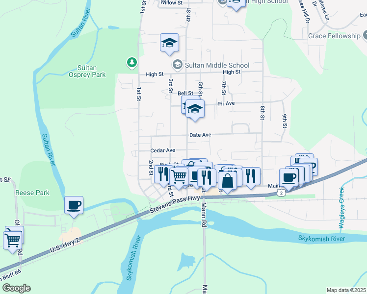 map of restaurants, bars, coffee shops, grocery stores, and more near 403 4th Street in Snohomish