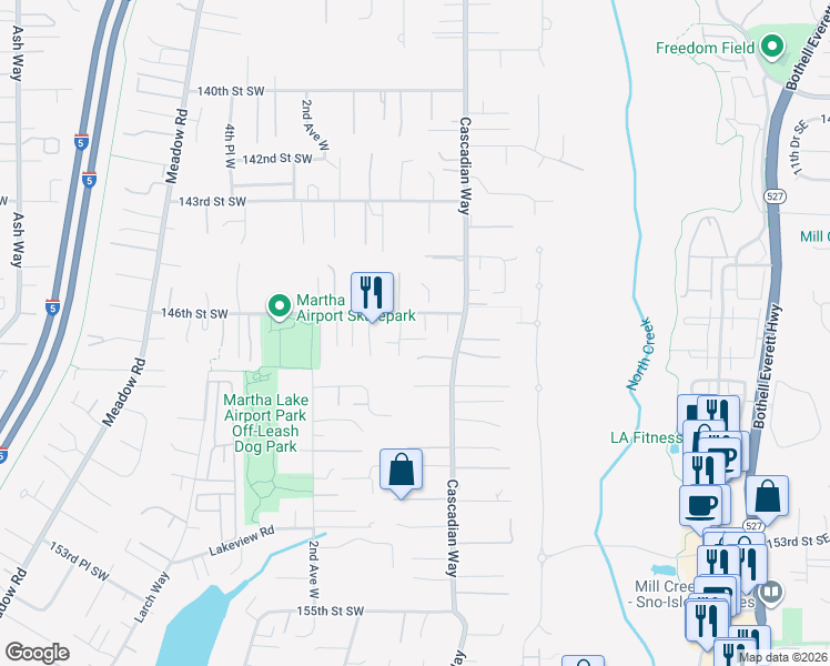 map of restaurants, bars, coffee shops, grocery stores, and more near 30 146th Street Southeast in Lynnwood