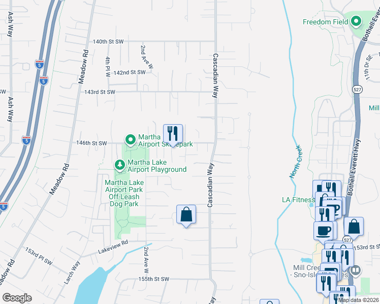 map of restaurants, bars, coffee shops, grocery stores, and more near 30 146th Street Southeast in Lynnwood