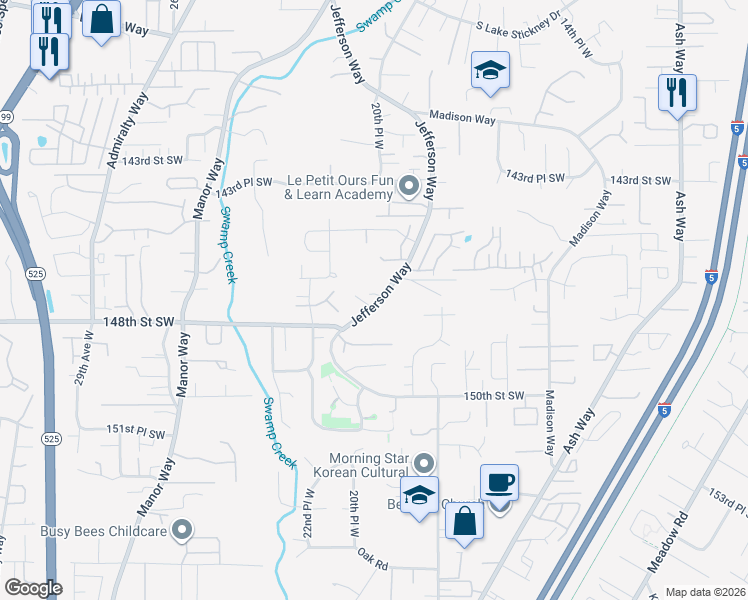 map of restaurants, bars, coffee shops, grocery stores, and more near 2005 147th Street Southwest in Lynnwood