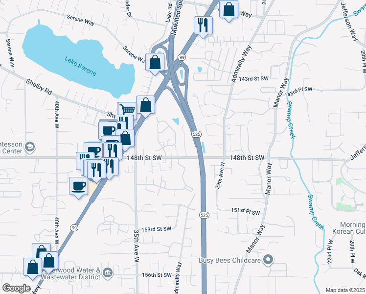map of restaurants, bars, coffee shops, grocery stores, and more near 14702 32nd Place West in Lynnwood